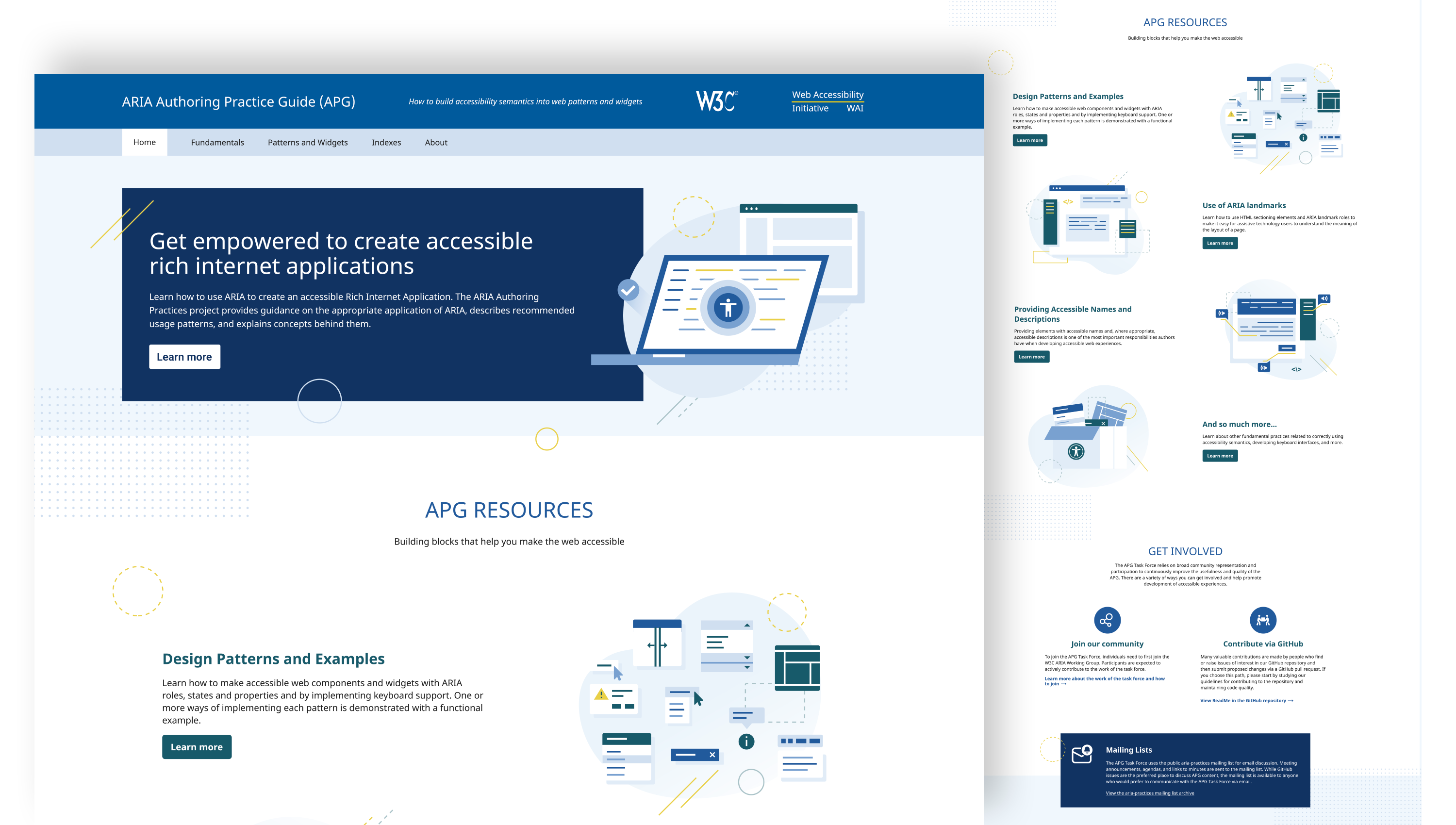 two screenshots of the APG homepage, one focused on the top part. Another one on the right hand side showcasing the APG resources