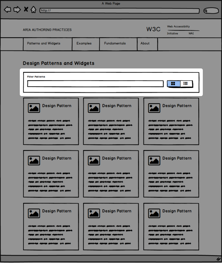 Screenshot of a wireframe of how the patterns page looked after