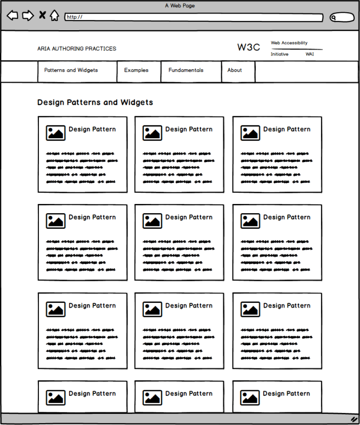 Screenshot of a wireframe of how the patterns page looked before