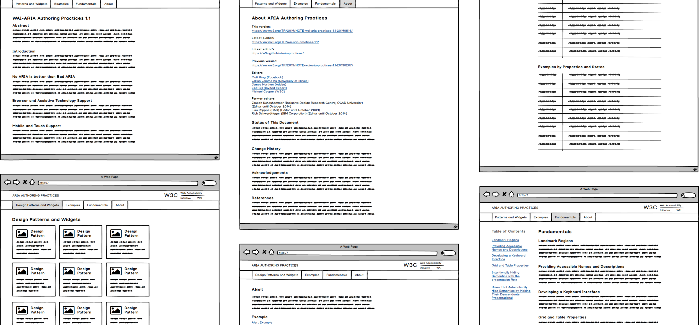 set of 6 wireframes for APG