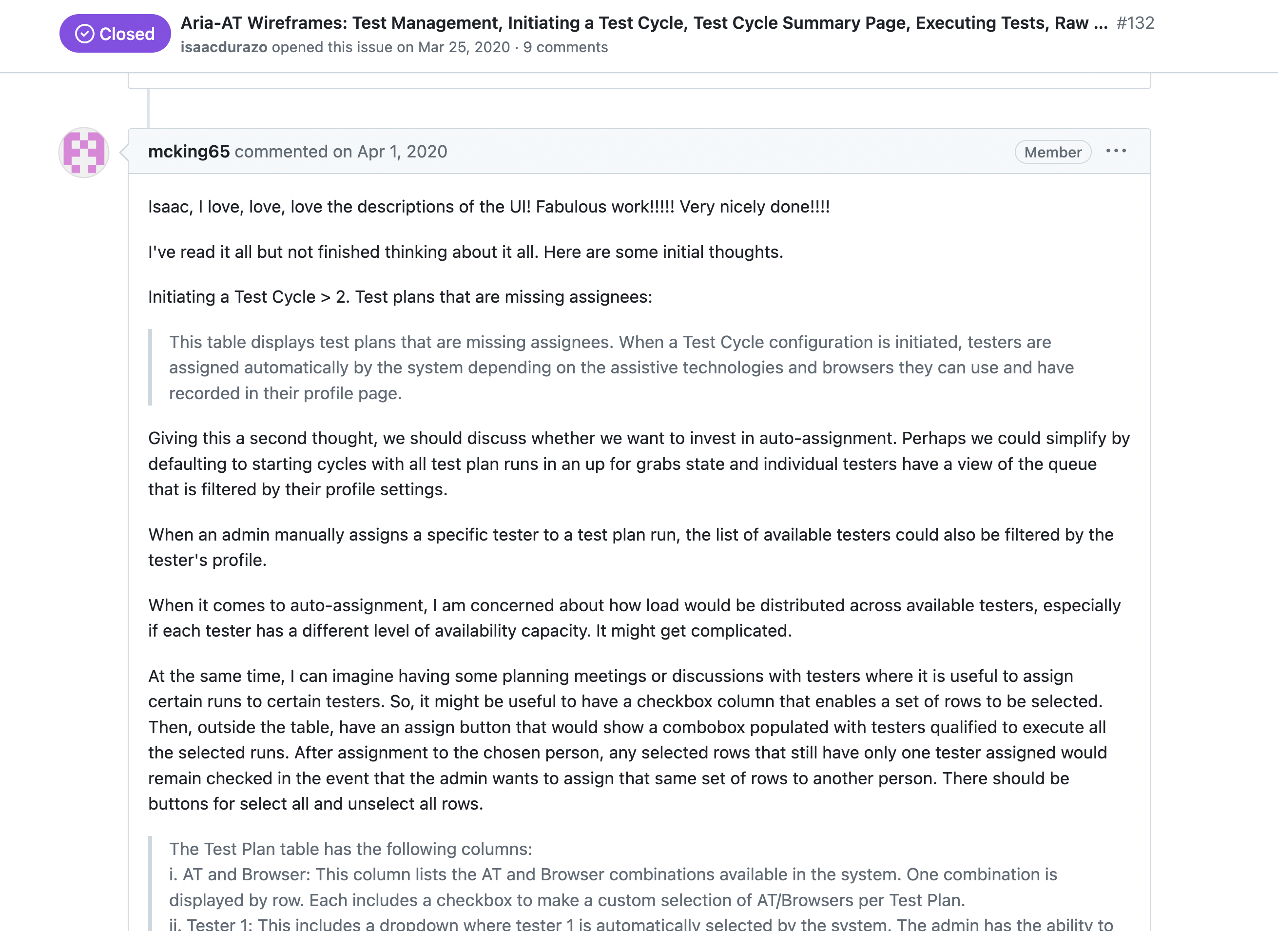 Screenshot of a comment from Matt King, product owner from Meta, sharing feedback on text-based wireframes