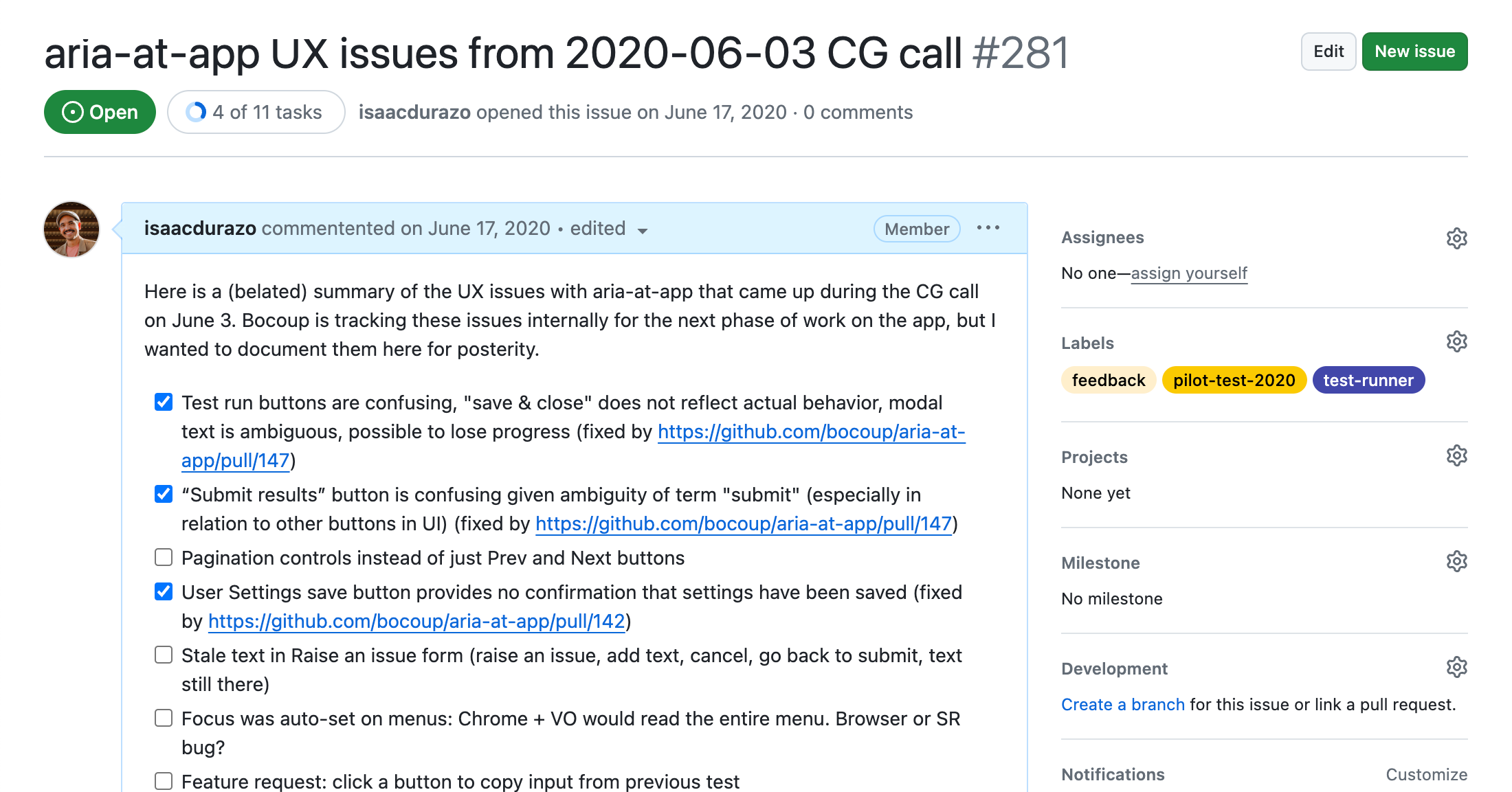 Screenshot of a github issue showing a list of issues found during the pilot test