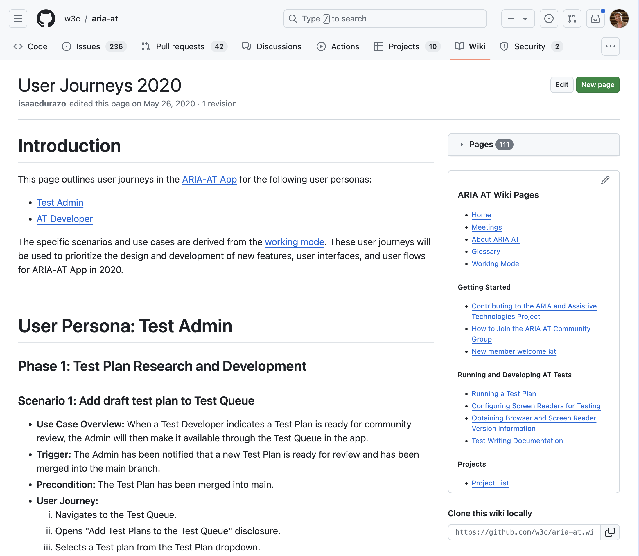 Screenshot of a Github wiki page were user journeys are published