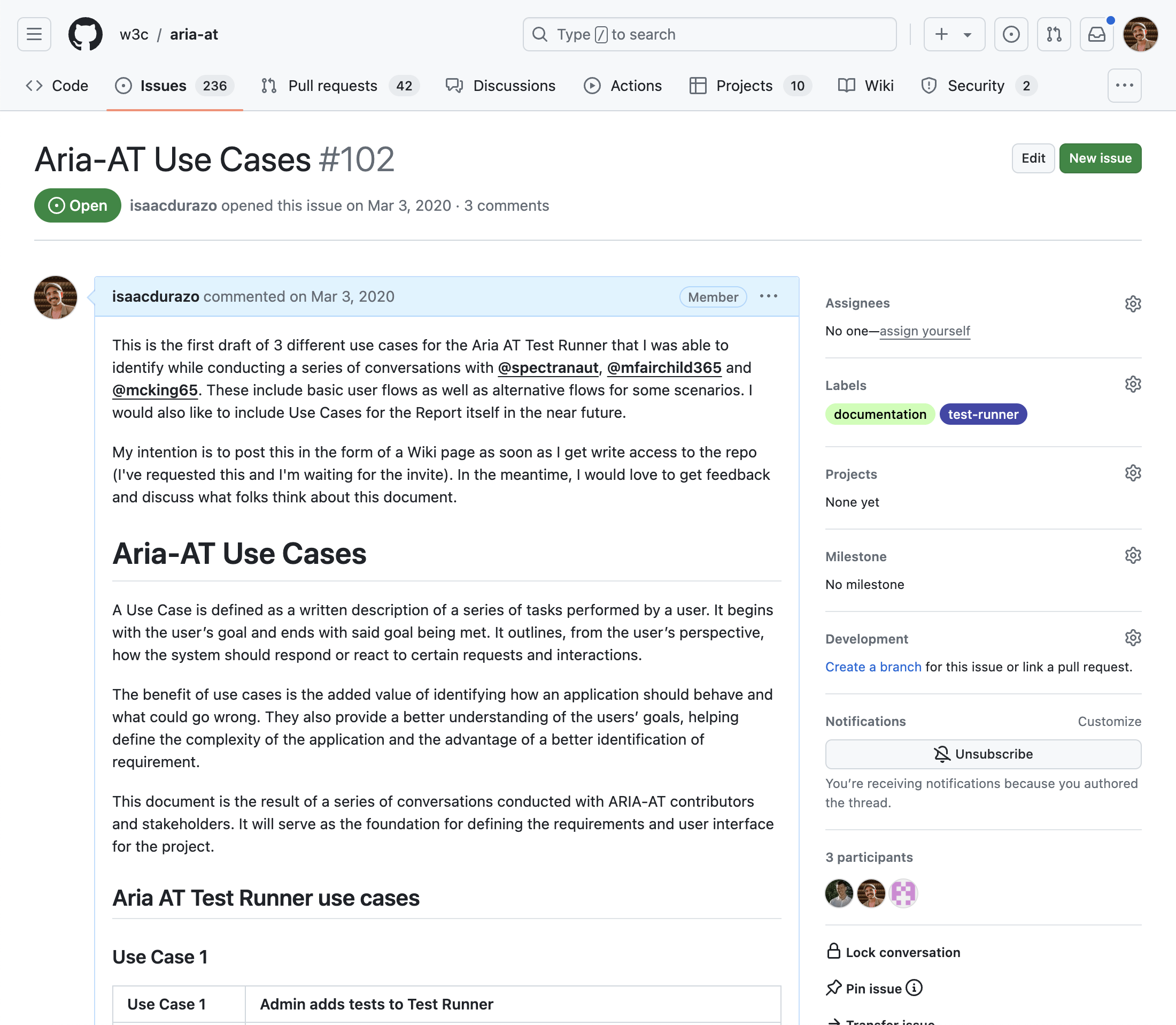 Screenshot of a Github page issue for the ARIA AT Use Cases