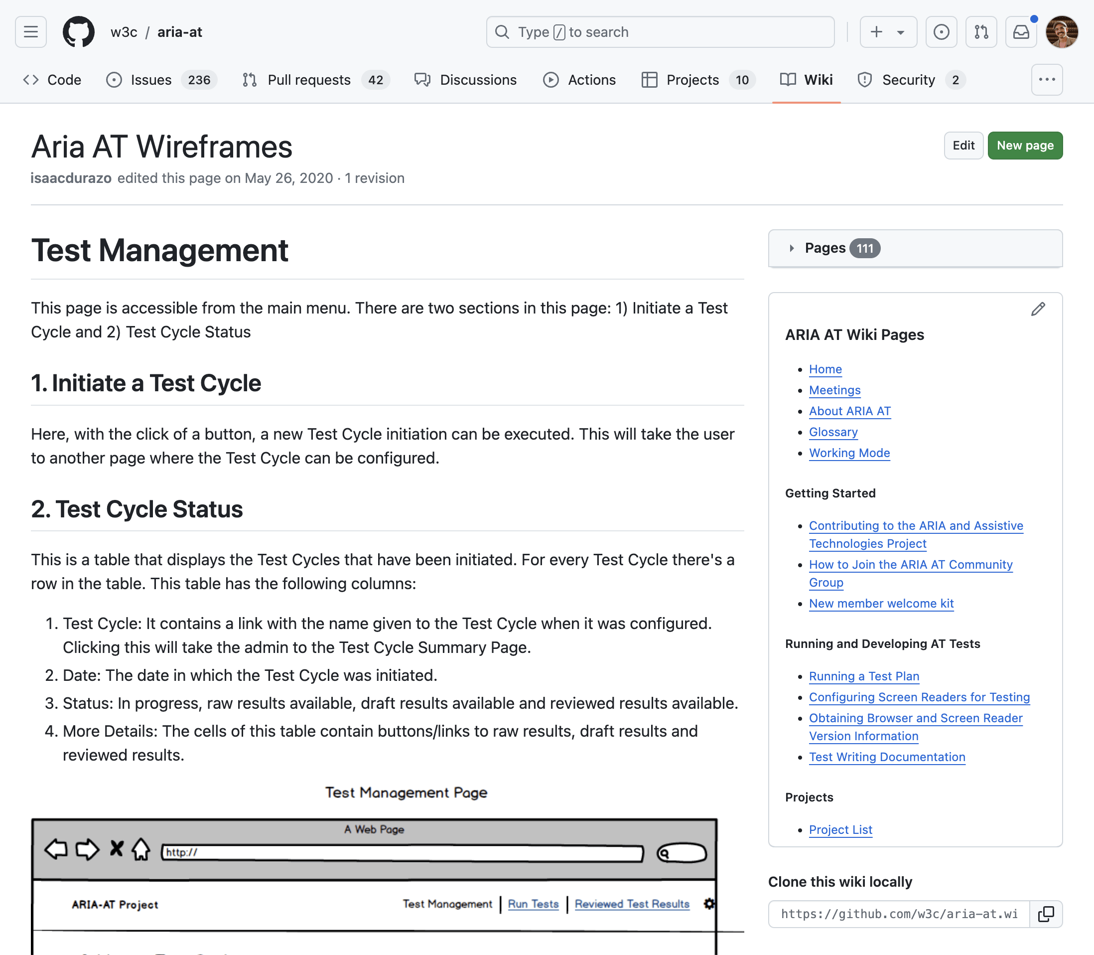 Screenshot of a Github wiki page were the prject wireframes are archived